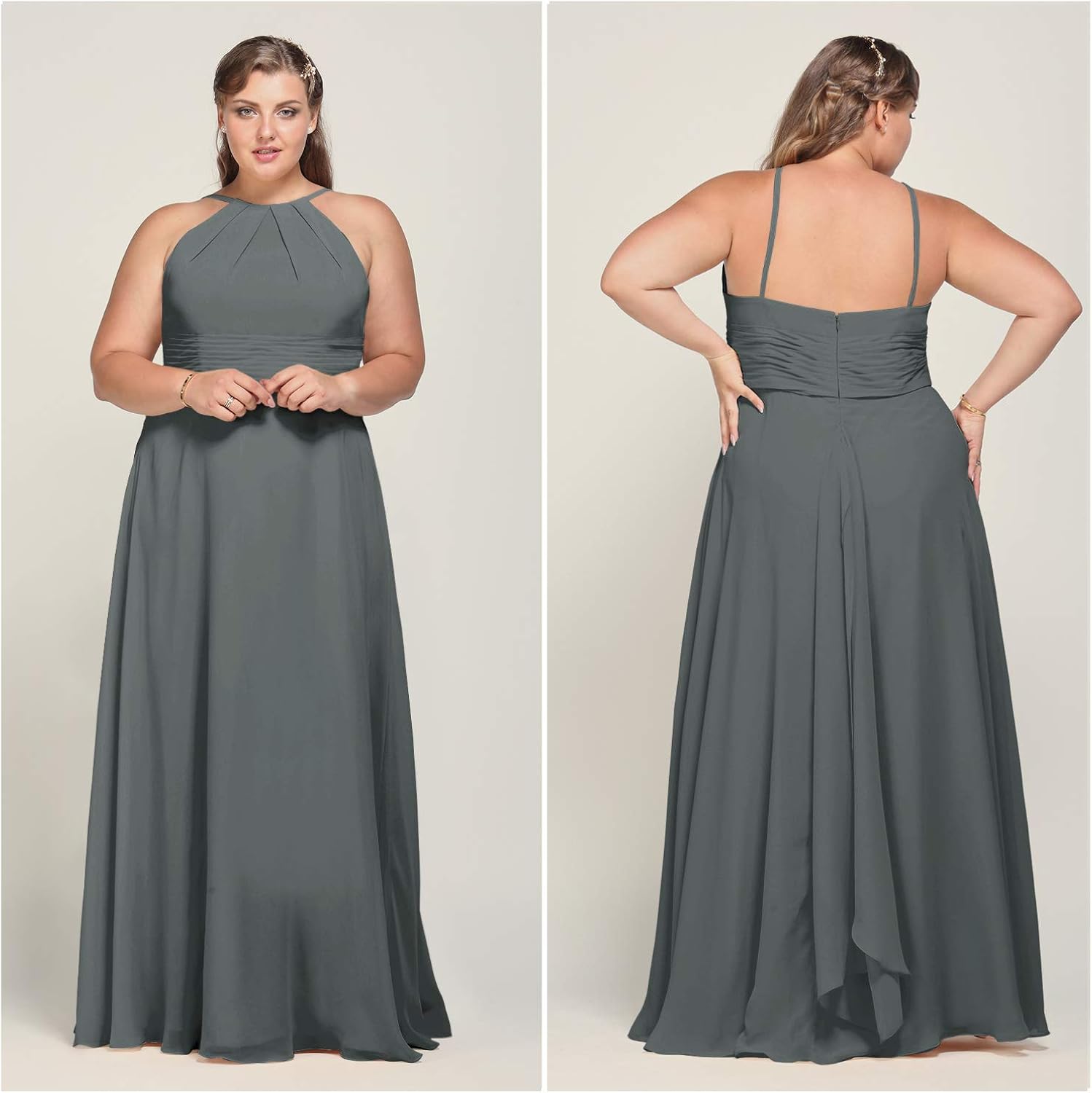 AW BRIDAL Chiffon Halter Long Bridesmaid Dresses Plus Size Formal Dreses for Women Maxi Evening Gown: Clothing