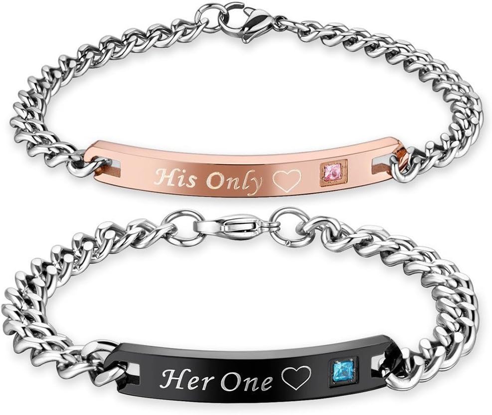 Gulcean Couples Bracelets Her One His Only Heart Engraved Romantic Lovers Bangles Charm Link Promise Matching Bracelets For Women Men Him Her Set 2