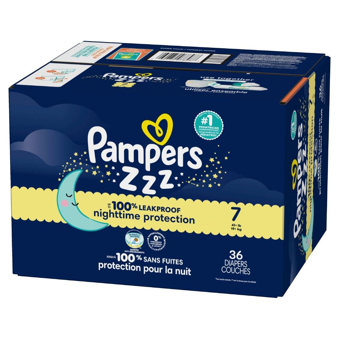 Pampers ZZZ Overnight Diapers, Size 7 (41+ lbs), 36 Count, Nighttime Protection Disposable Baby Diaper, Night Time Leak and Skin Protection