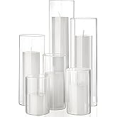 Shihanee Set of 6 Pillar Candles and Glass Cylinder Vases Assorted Sizes Clear Cylinder Holders for Pillar Candles Home Table Centerpieces Wedding Party Decorations (Multiple Sizes,White)