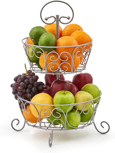 ezoware frutero de 2 pisos redondo organizador de encimeras metal decorativo para frutas verduras bocadillos articulos para el hogar plata