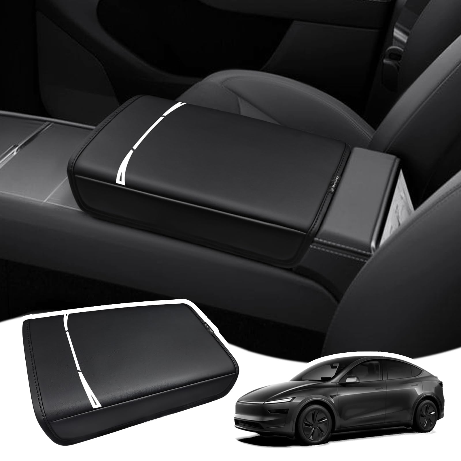 Photo 1 of Muslogy Center Console Armrest Cover Compatible with Tesla Model Y Refresh 2026 Comfort Armrest Pad Arm Rest Cushion Vegan Leather Protector Regular Thick (25+ |Juniper| Black, Regular)
