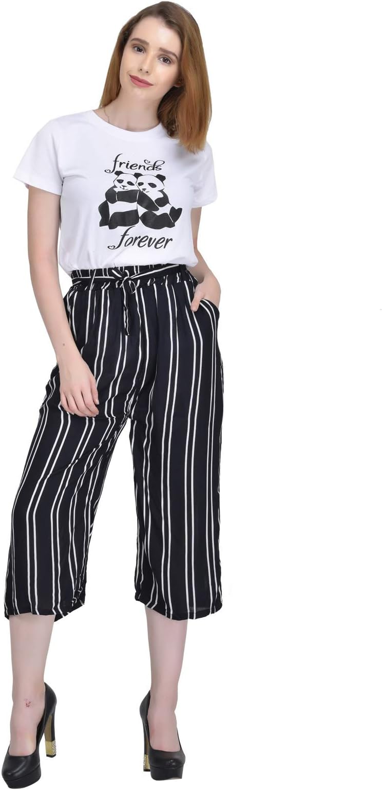 Vivient Women Black Ruffle Waist Striped Wide Leg Palazzo