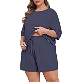 Lastshe Womens Plus Size Pajama Set 2 Piece Soft Short Sleeve with Pockets Summer Shorts Sleepwear Knit Pjs Lounge Set