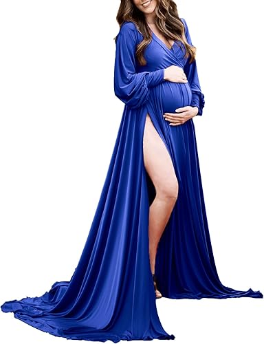 Maternity Gown Bishop Sleeves Baby Shower Dress Wrap Side Slit