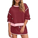 Fisoew Womens Sweatsuits 2 Piece Set Crewneck Sweatshirts High Waisted Skort Skirts Tennis Running Tracksuits Shorts Sets