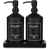 Matte Black Soap Dispenser Set, 17 OZ Hand and Dish Soap Dispenser Set, Bathroom Refillable Soap and Lotion Dispenser Set with Stainless Pump, Modern Liquid Soap Bottle Set(Black Bottle/Black Pump)