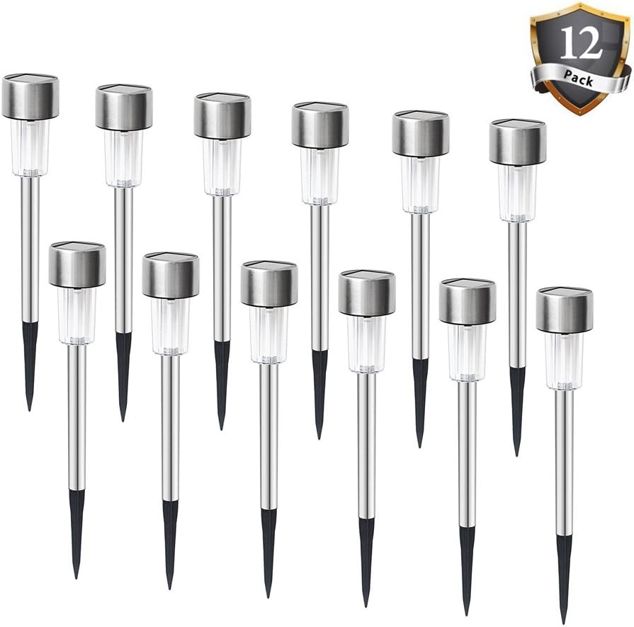 Solar Pathway Lights Outdoor Sunwind 12-Pack Stainless Steel Led Garden Lights for Décor Lawn,Patio,Yard,Walkway,Driveway (Silver)