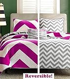 4 Piece Zig Zag Reversible Bed Spread Coverlet Quilt Set, Queen (Pink)