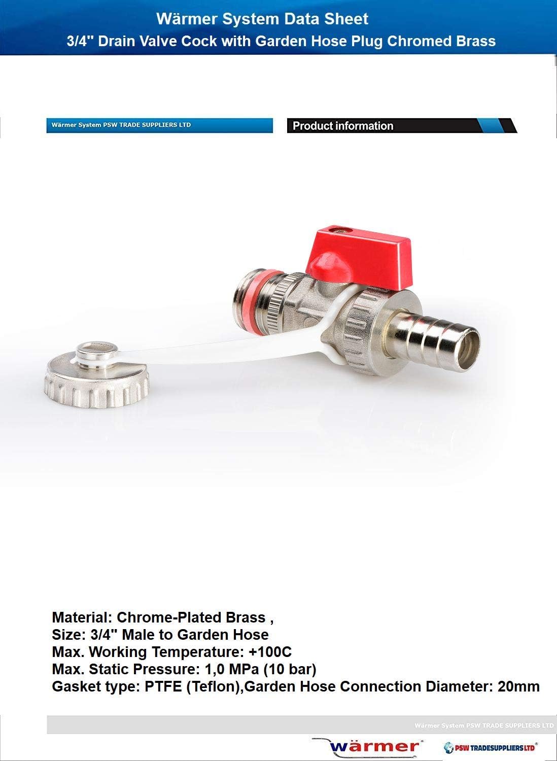 Wärmer System Drain Valve Cock 3/4 Inch with Garden Hose Plug, Chrome Plated - Image 3