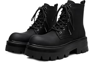 CrazySavage Men's Black Leather Lace-up Platform Combat Boots Wide Toe Side Zipper Chunky Heel Lug Sole Ankle Booties Comfort High Top Waterproof Biker Boots