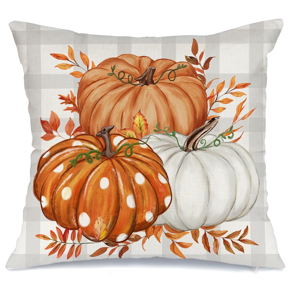 Photo 1 of AACORS Fall Pillow Cover 18x18 Inch Buffalo Pliad Pumpkin Maple Leaves Decor Autumn Thanksgiving Decorative Farmhouse Seasonal Cushion Case for Sofa Couch (Orange) AA161-18