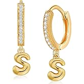 18K Gold Filled Initial Dangle Hoop Earrings for Women, 1 Pair CZ Hypoallergenic Alphabet Letter A-Z Drop Dangle Dainty Gold Earrings, Small Huggie Hoop Earrings with Cubic Zirconia Gifts Jewelry