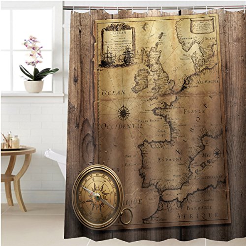 Gzhihine Shower curtain old compass on vintage map france spain england portugal holland denmark author pierre du Bathroom Accessories 72 x 78 inches