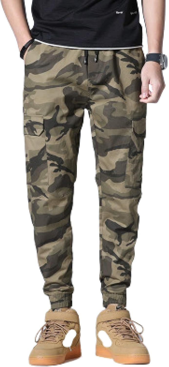 Men's Camouflage Cargo Combat Pants Drawstring Elastic Waist Large