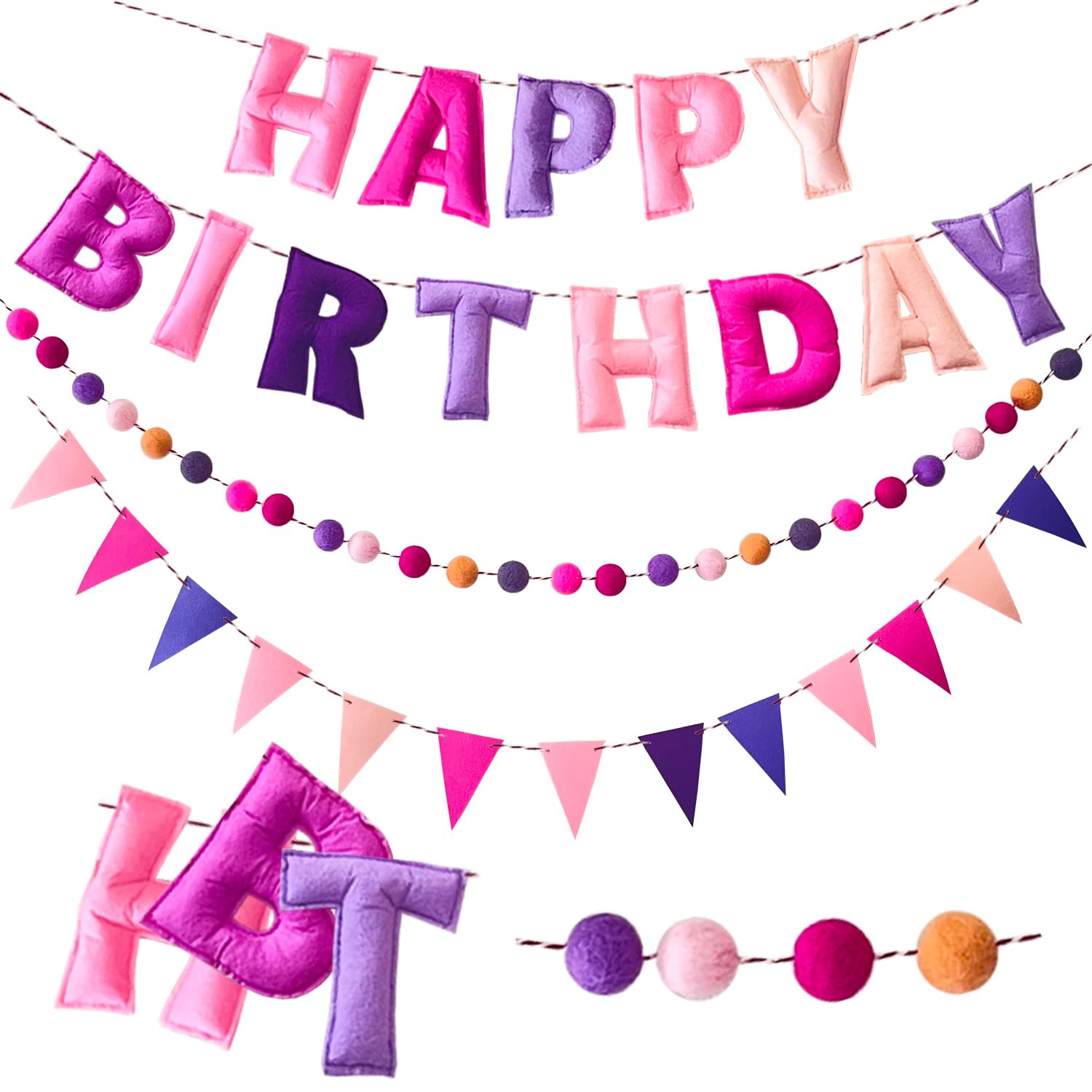 Pre-Strung Happy Birthday Banner - Felt Ball Garland - HAPPY BIRTHDAY Garland, Rainbow Birthday Decorations, Personalized Sign for Party Decor, Photo Prop (Pink With Ball Flags)