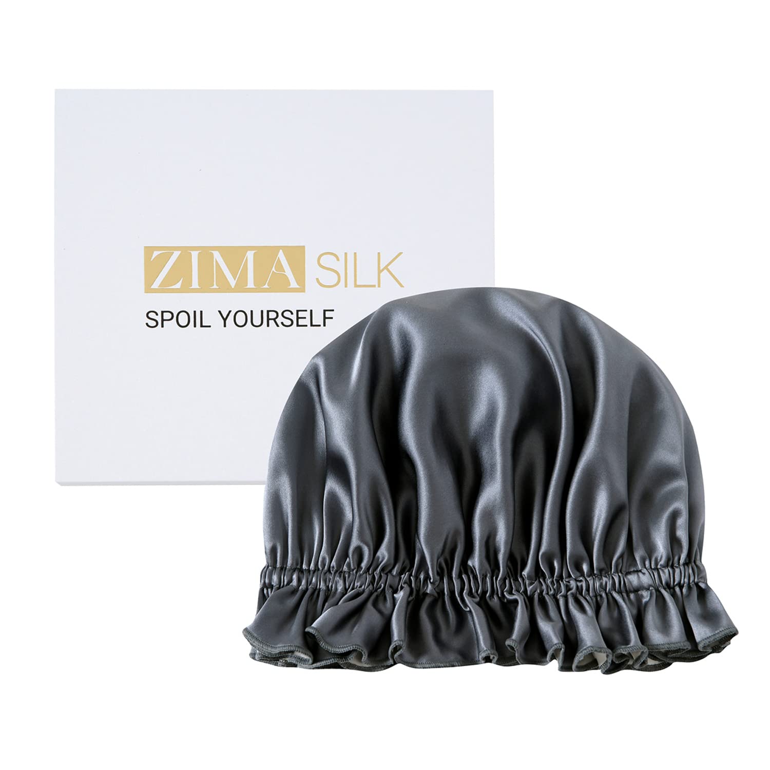 ZIMASILK 100% Mulberry Silk Bonnet for Women's Hair Care, Double Layered Silk Hair Wrap for Sleeping with Elastic Stay On Head (1Pc, Dark Grey+Ivory)