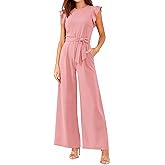 BTFBM Jumpsuits For Women 2026 Crew Neck Dressy Cap Sleeve Belted High Waist Wide Leg Romper One Piece Casual Outfits Pockets