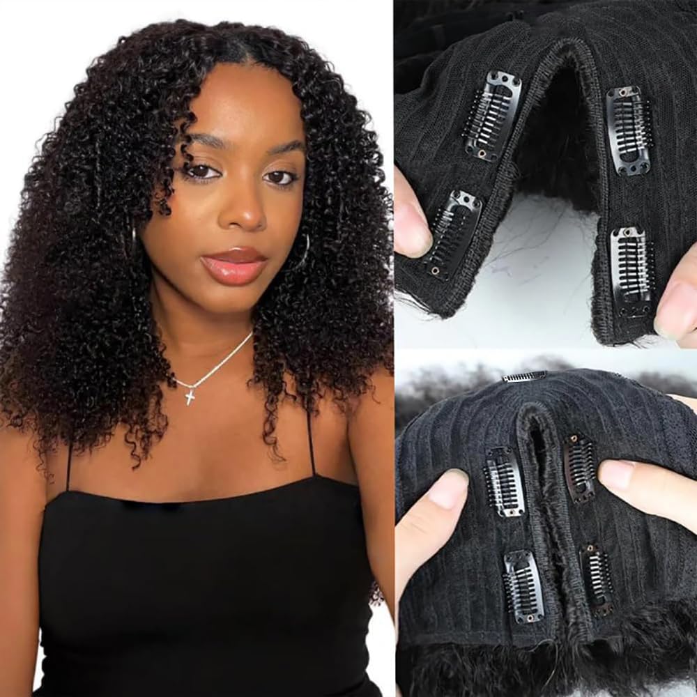 Photo 1 of sterly V Part Wig Human Hair Glueless No Leave Out Upgrade U Part Wigs Burmese Curly Wig with Spiral End Deep Curly Wigs For Women Full Head Clip In Half Wigs 200% Density 24inch
