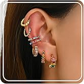 6-7 Pcs Gold Hoop Stacks Earrings For Women 14k Gold Plated Hypoallergenic Colorful Non-Tarnish For Multiple Piercing Earring Set Jewelry Gift For Party Birthday