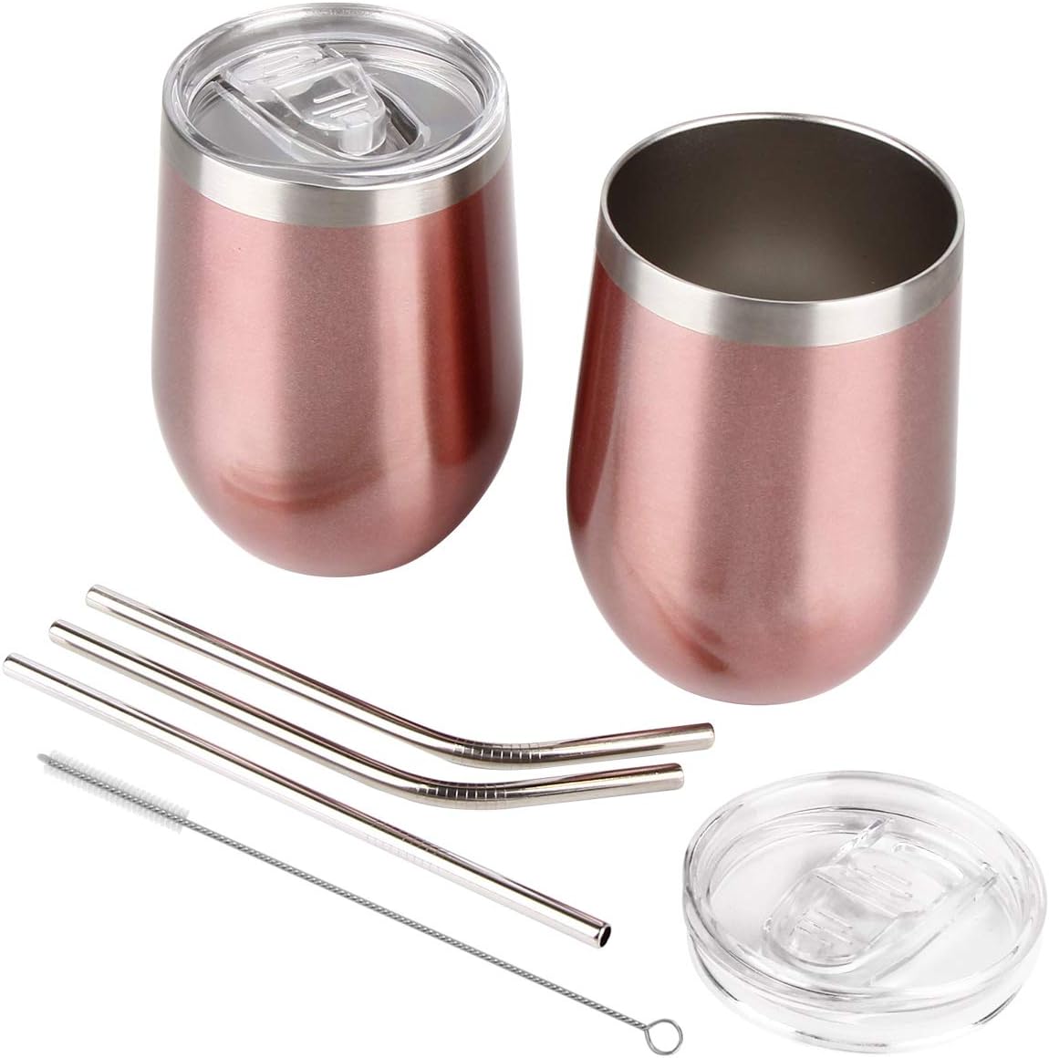 2 pack Stainless Steel Stemless Wine Tumbler With Spill Proof Lid, 12 oz Double Wall Vacuum Insulated Wine Glass Tumbler for Wine, Coffee, Ice Cream, Cocktails, Champagne with 3 Straws - Rose Gold