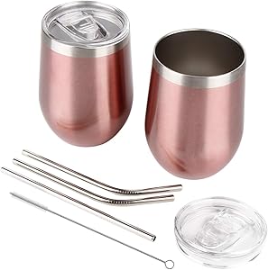 2 pack Stainless Steel Stemless Wine Tumbler With Spill Proof Lid, 12 oz Double Wall Vacuum Insulated Wine Glass Tumbler for Wine, Coffee, Ice Cream, Cocktails, Champagne with 3 Straws - Rose Gold