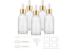 Bumobum 5 Pcs, 1 oz Dropper Bottle Clear Eye Dropper Bottles with 2 Droppers, 1 Funnel, 1 Pipette & 8 Labels, 30 ml Tincture Bottles with Dropper for Essential Hair Oils Serums Body Cuticle Oils