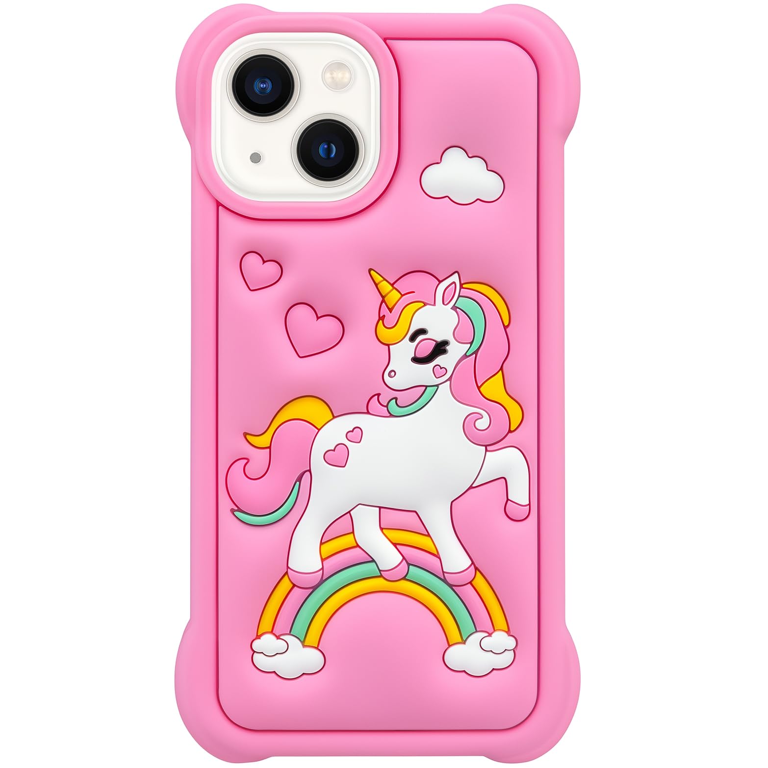 Mouzor Cute Rainbow Unicorn Case Compatible with iPhone 13 case, Pink Horse iPhone 14 Cases, iPhone 15 Kawaii Animals 3D Cartoon Soft Silicone Heavy Duty Protection Cover for Girls Women