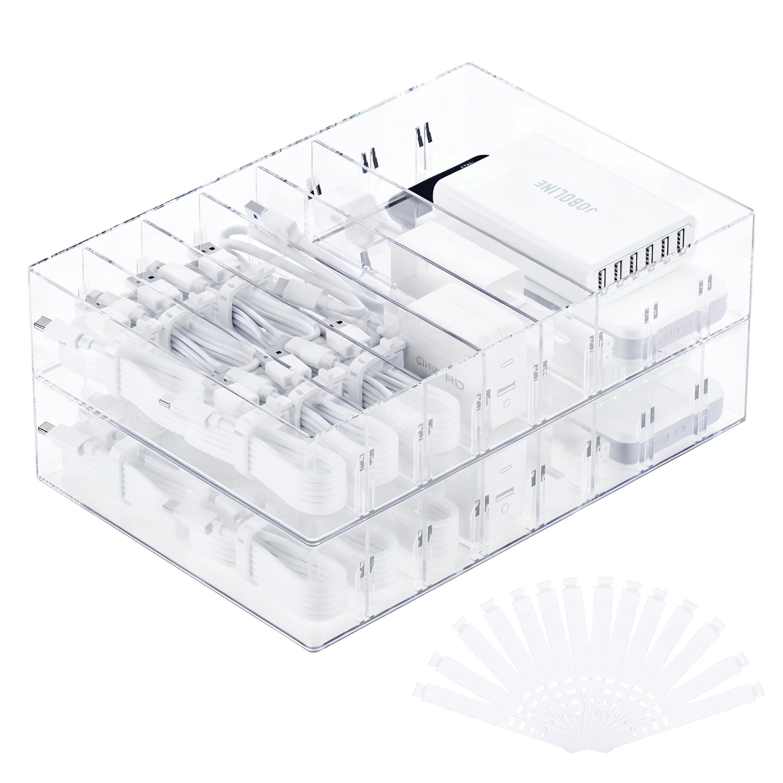 Photo 1 of **MISSING PARTS**
FRETONBA 2Pcs Cable Charger Organizer Box, Large Cords Storage Organizer with Adjustable Compartments and Wire Ties, Stackable Cord Organizer for Drawer - Clear