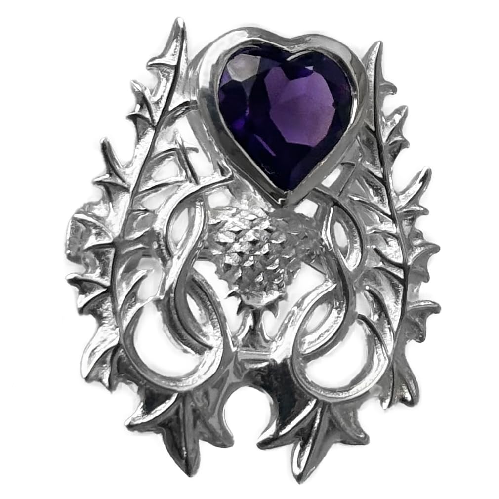 CAIRN Small Sterling Silver Scottish Thistle Brooch With Heart Cut Amethyst - Atholl. Jewellery Gift Box Included. 5362