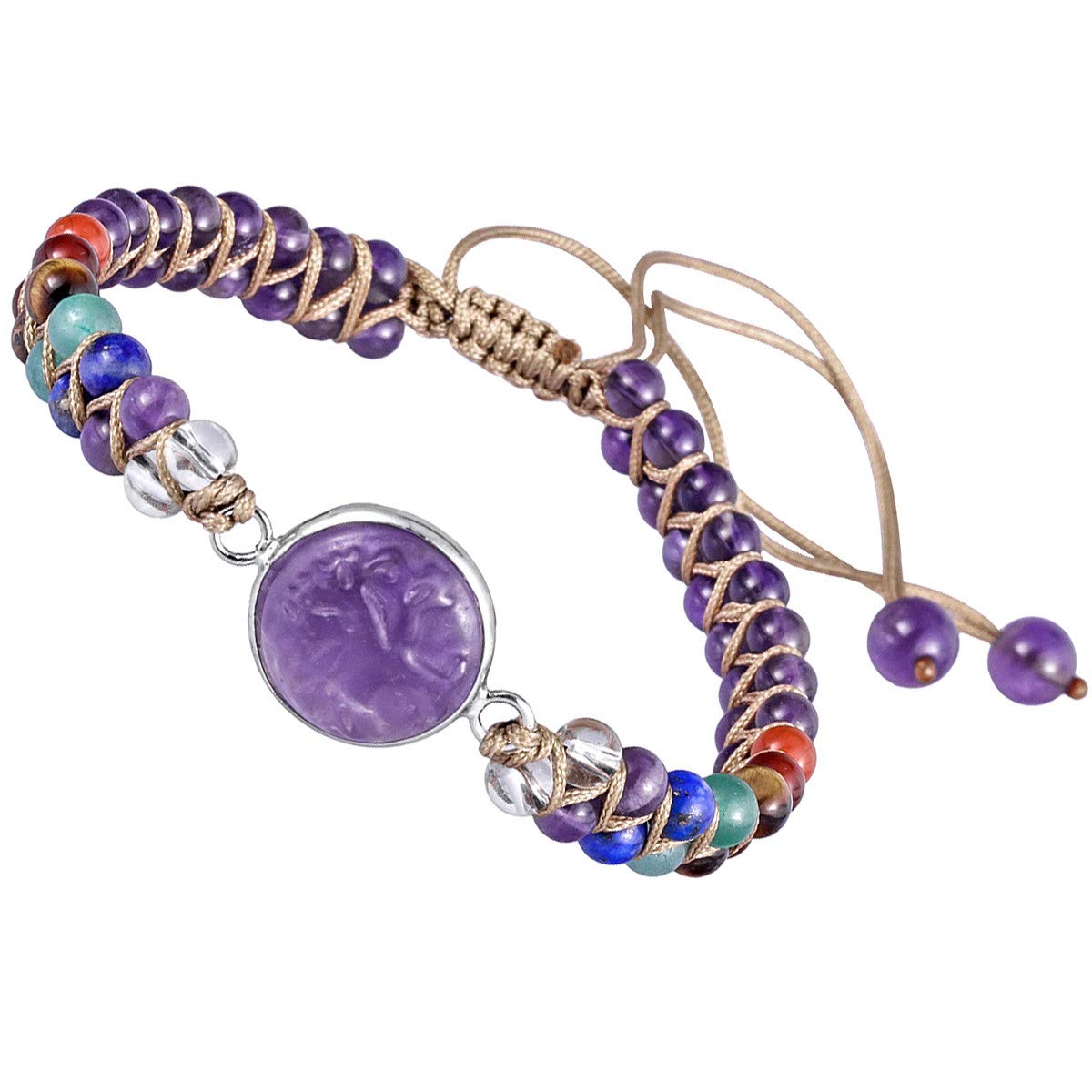 KYEYGWO 7 Chakras Crystal Amethyst Stone Beads Bracelet for Women and Men, Tree of Life Charms Adjustable Bangle for Prayer Balancing Yoga Meditation
