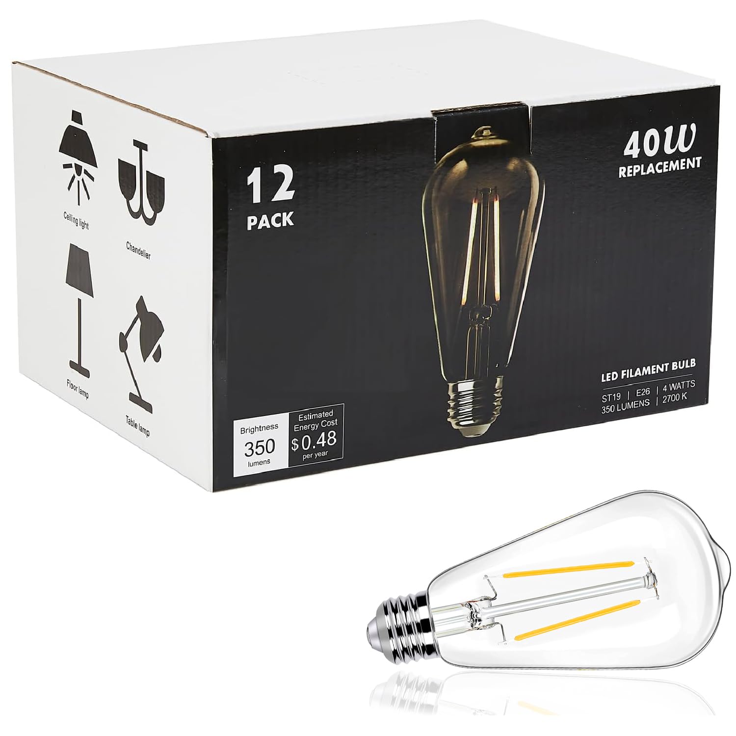 Photo 1 of winsaLED 12 Pack LED Edison Bulbs 40 Watts Equivalent, 4 Watt LED Vintage Light Bulb, 2700K Soft White ST19 Light Bulb, 350LM E26 Base for Light Fixtures, Non-Dimmable