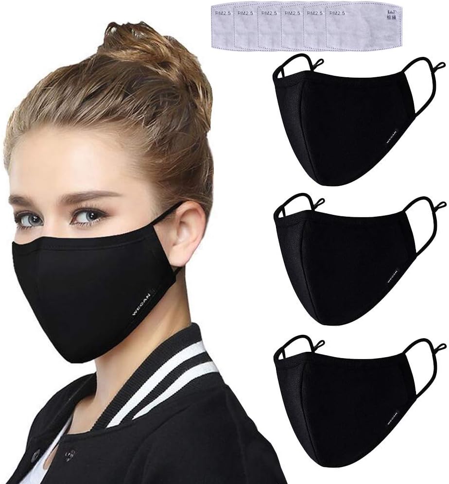 Mouth Mask, Yuccer 3 Pack Adjustable Anti Dust Face Mask Reusable Cotton Mouth Mask with Six Filter (Women, 3 Black)