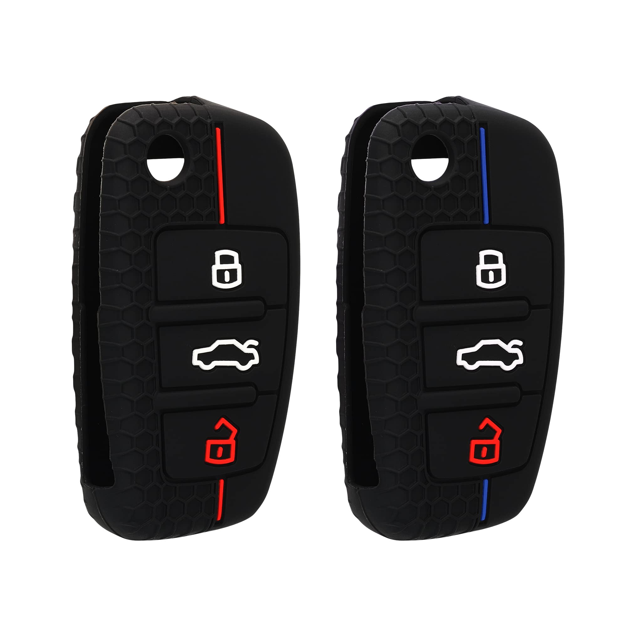 kwmobile Key Cover Compatible with Audi 3 Button Flip Key (Set of 2) - Silicone Key Fob Protector - Black/Red/Black/Blue