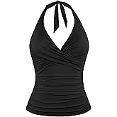 Firpearl Underwire Tankini Tops for Women Ruched Tummy Control Bathing Suit Tops Halter V Neck Swimsuit Top Only