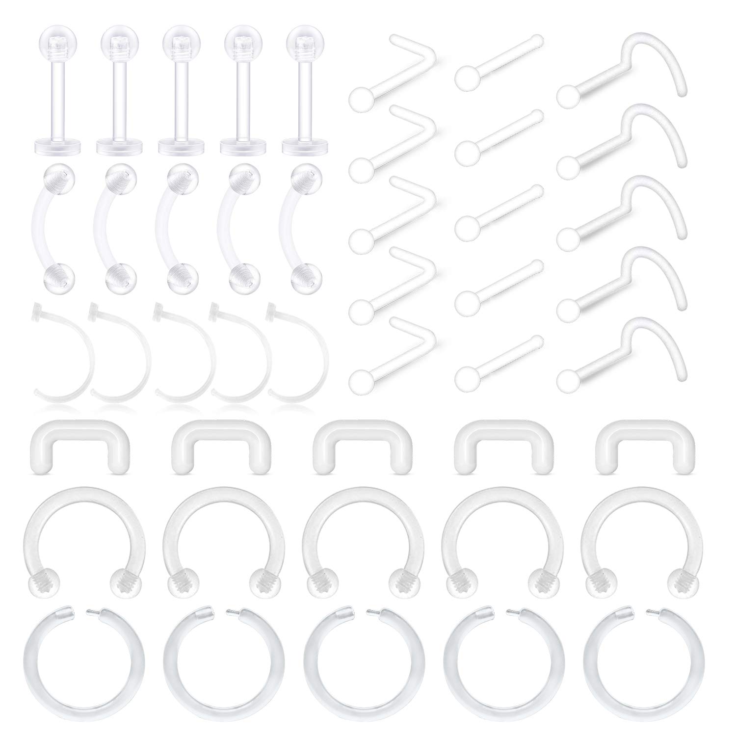 LAURITAMI 30-45pcs Clear Piercing Retainers Cartilage Lip Nose Helix Tragus Studs Hoops Rings Bioflex Flexible Horseshoe Clicker Earrings Piercings Retainer 20G 16G