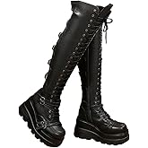 GUNIYIFS Over the Knee Boots for Women - Goth Punk Thigh High Motorcycle Boots with Buckles and Side Lace