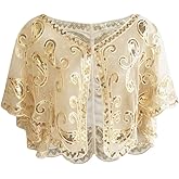SHIDXIB 1Pcs Champagne 1920s Flapper Shawl with Sequin Detailing Breathable Mesh Elegant Short Cape for Women Parties Prom