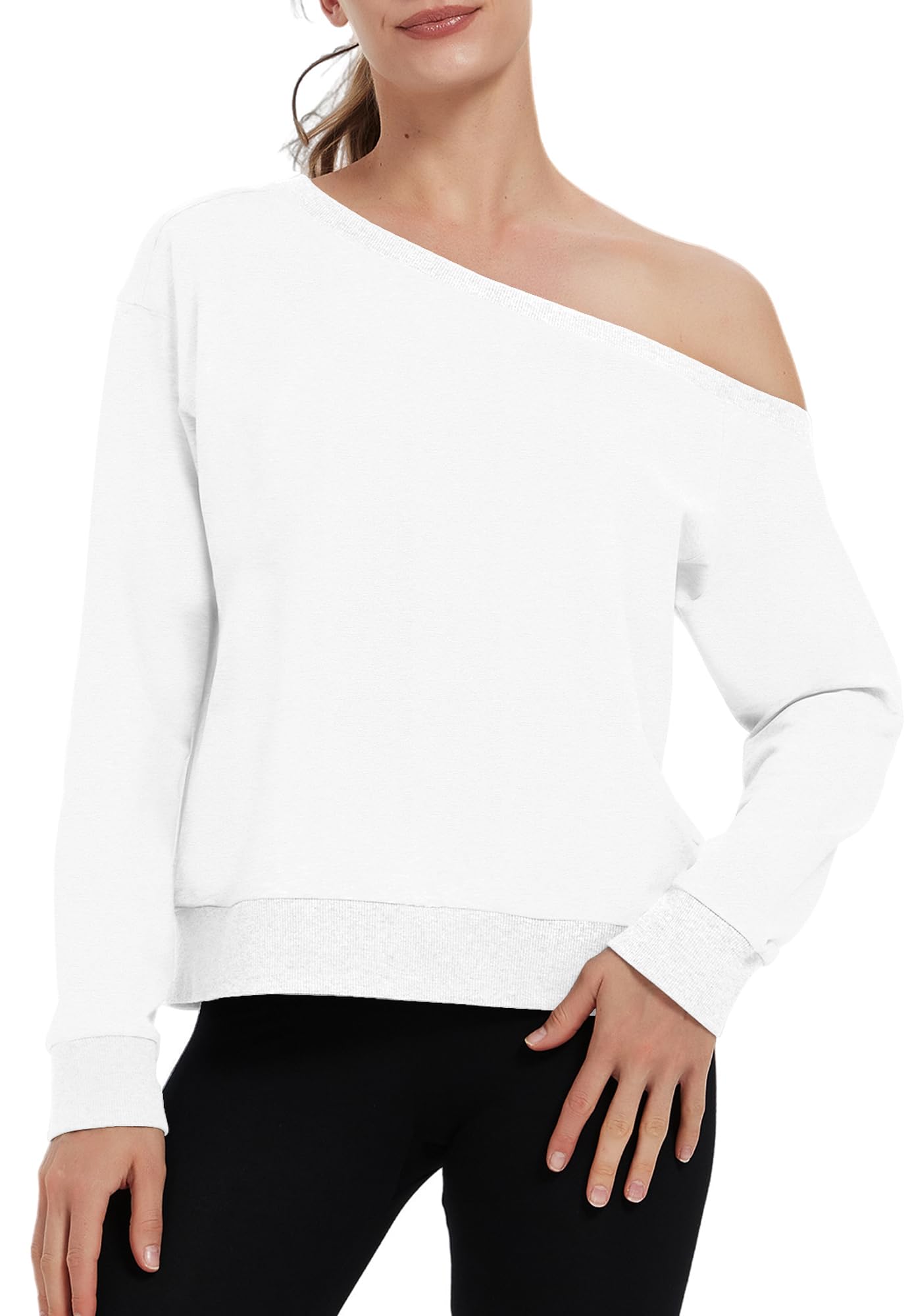 Photo 1 of Hiverlay Off The Shoulder Sweatshirts for Women Long Sleeve Workout Tops Croped Sweatshirt Oversized Pullover Fall 2025 White Small