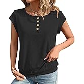 Women's Button Down Crew Neck Cap Sleeve T-Shirt Spring Summer Basic Blouse 2025 Fashion Top Black