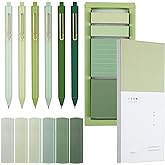 Resurhang Aesthetic Stationery Set Supplies Sticky Notes Set 6 Mini Correction Tapes 6 Retractable Black Ink Pens 0.5mm Fine Point Paper Corrective Pen Self Stick Index Tabs(Green)