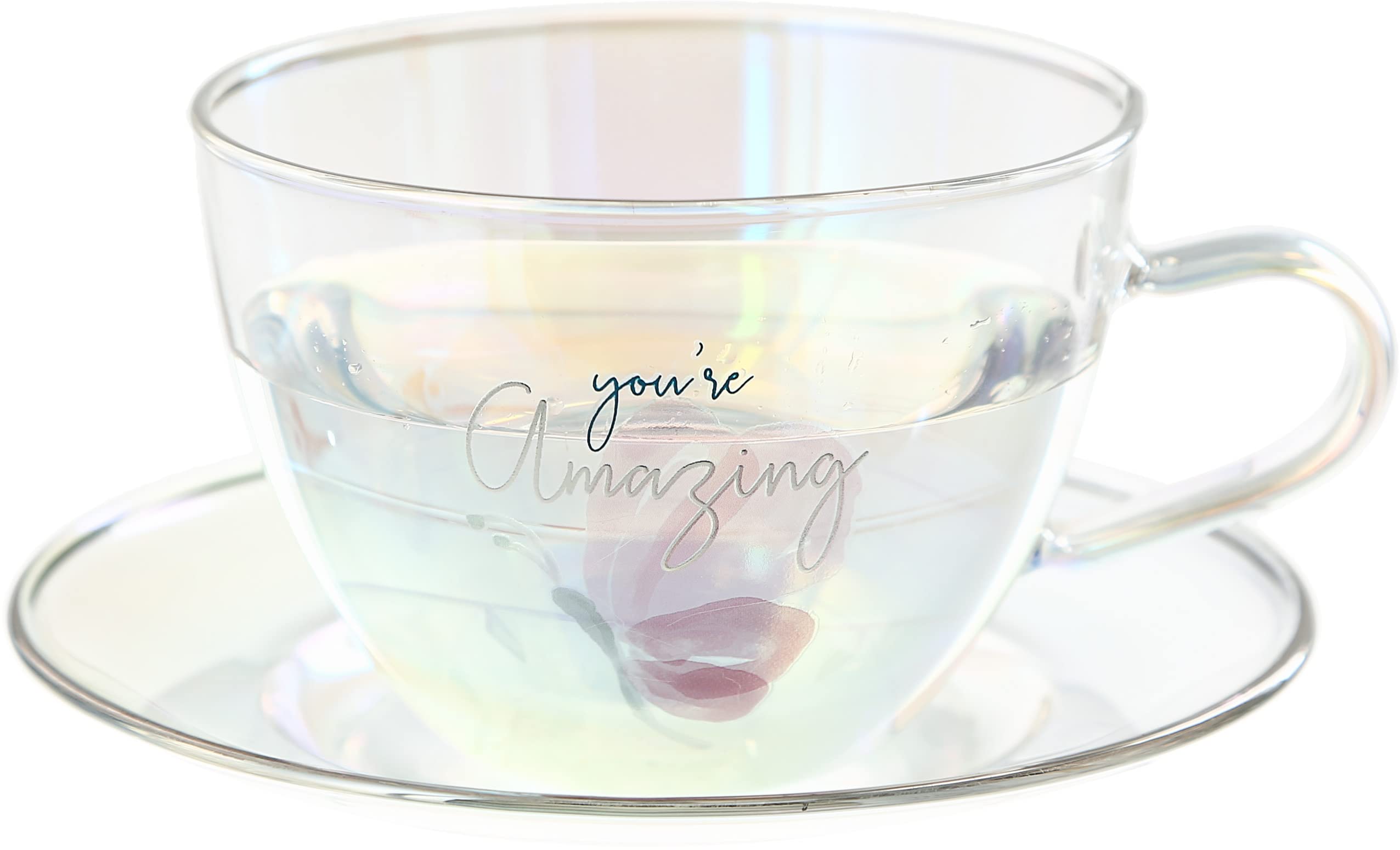 Photo 1 of Pavilion Gift Company - You’re Amazing - 7-ounce Glass Teacup with Saucer Set, Iridescent Coffee Cup, Floral Pattern Teacup, Valentine's Day Gift Ideas For Friend, Girlfriend Mug, 1 Count - Pack of 2