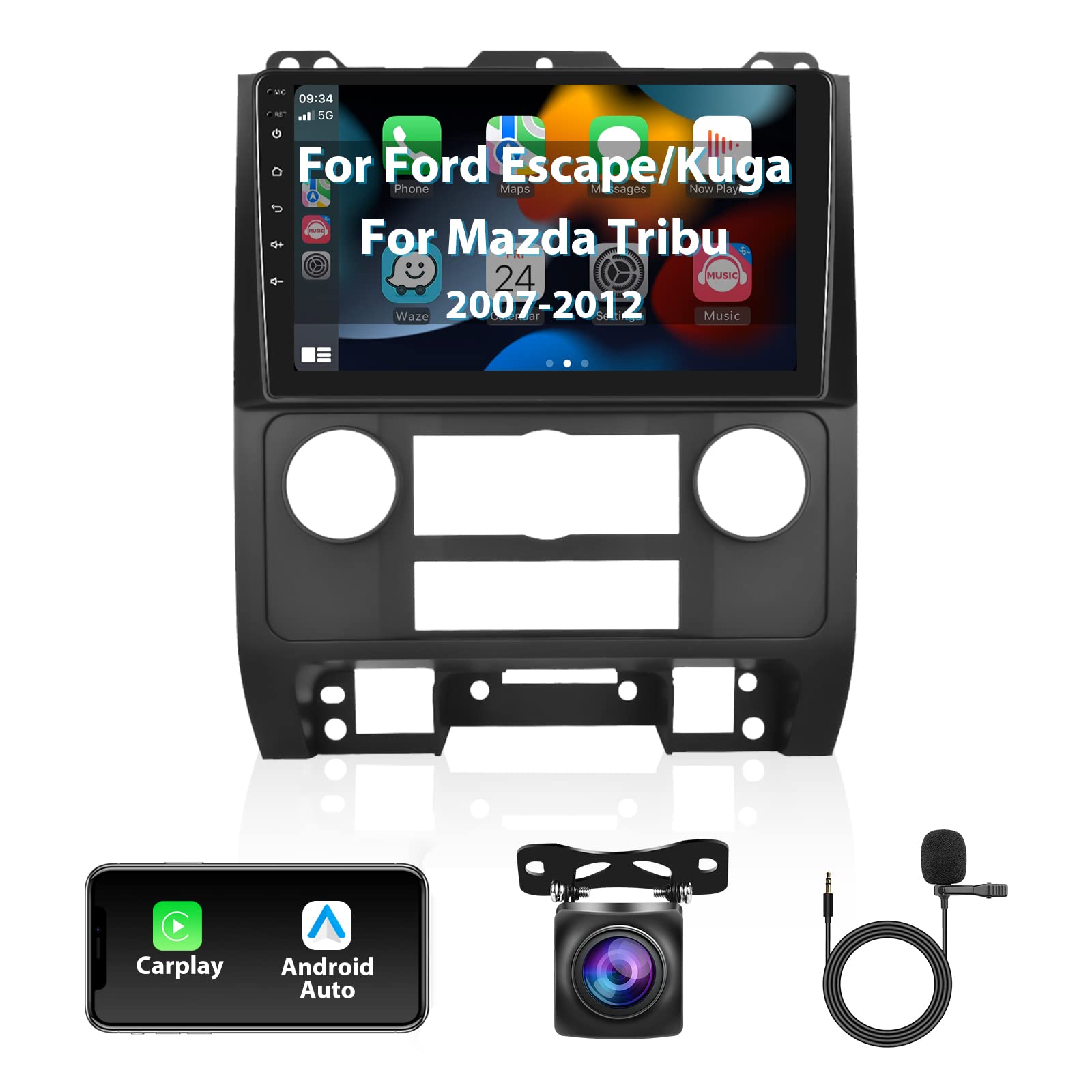 Android Car Stereo for Ford Escape/Kuga & Mazda Tribute 2007-2012 - Wired/Wireless CarPlay & Android Auto, 9