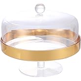 9.75" Diameter Acrylic Riser Cake Dessert Stand with Dome Lid, Round Cylinder Shape, Clear with Golden Rim, Serving Platter, 