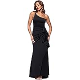 Xscape Women's Long One Shoulder Scuba Side Ruffle Dress, Black, 14