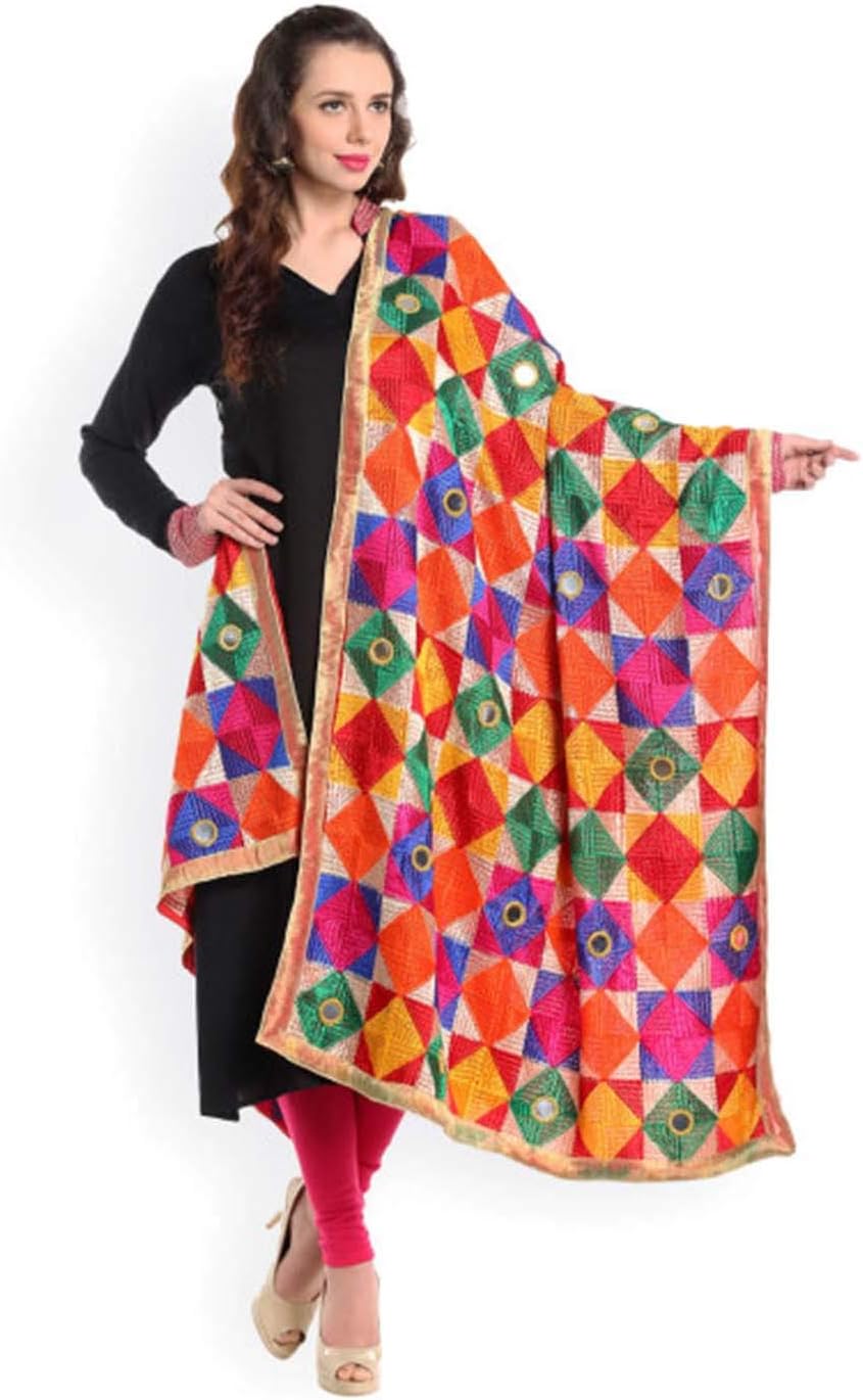 Indian Handicrfats Export Dupatta Bazaar Multicoloured Phulkari Embroidered Dupatta