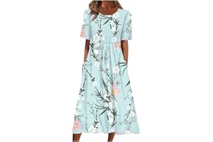 MZKDIEEY Women's 2023 Casual Summer Maxi Dresses Short Sleeve Empire Waist Shift Dress Floral O Neck Beach Dress with Pockets