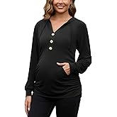GINKANA Maternity Hoodies Long Sleeves Shirts Half Button Decoration Sweatshirt V Neck Pullover with Pockets Pregnancy Tee