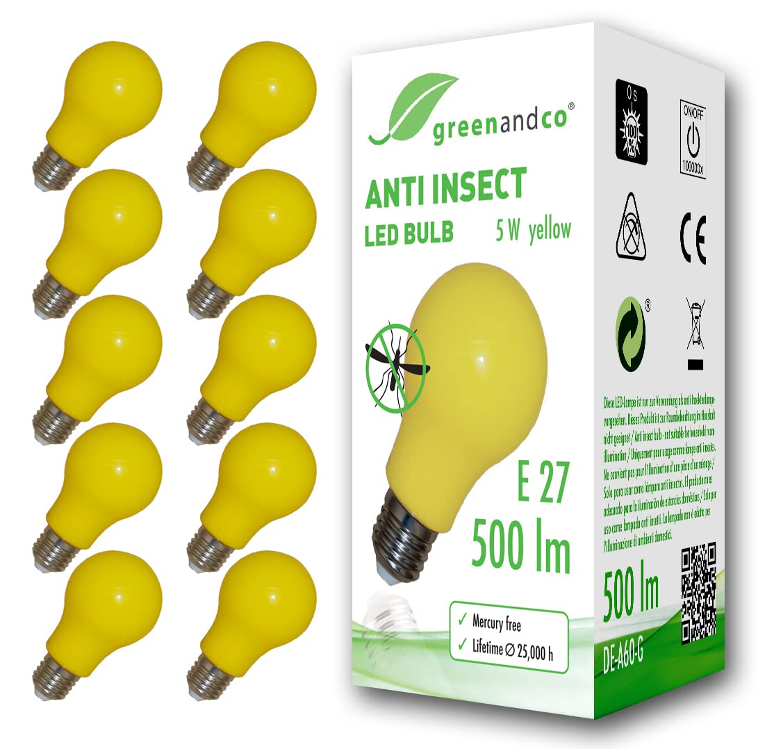 greenandco® Anti-Mosquito and Anti-Insect LED Bulb E27, Yellow, 5W, 500lm, wavelength 560-580nm, Non-dimmable, 10-Pack