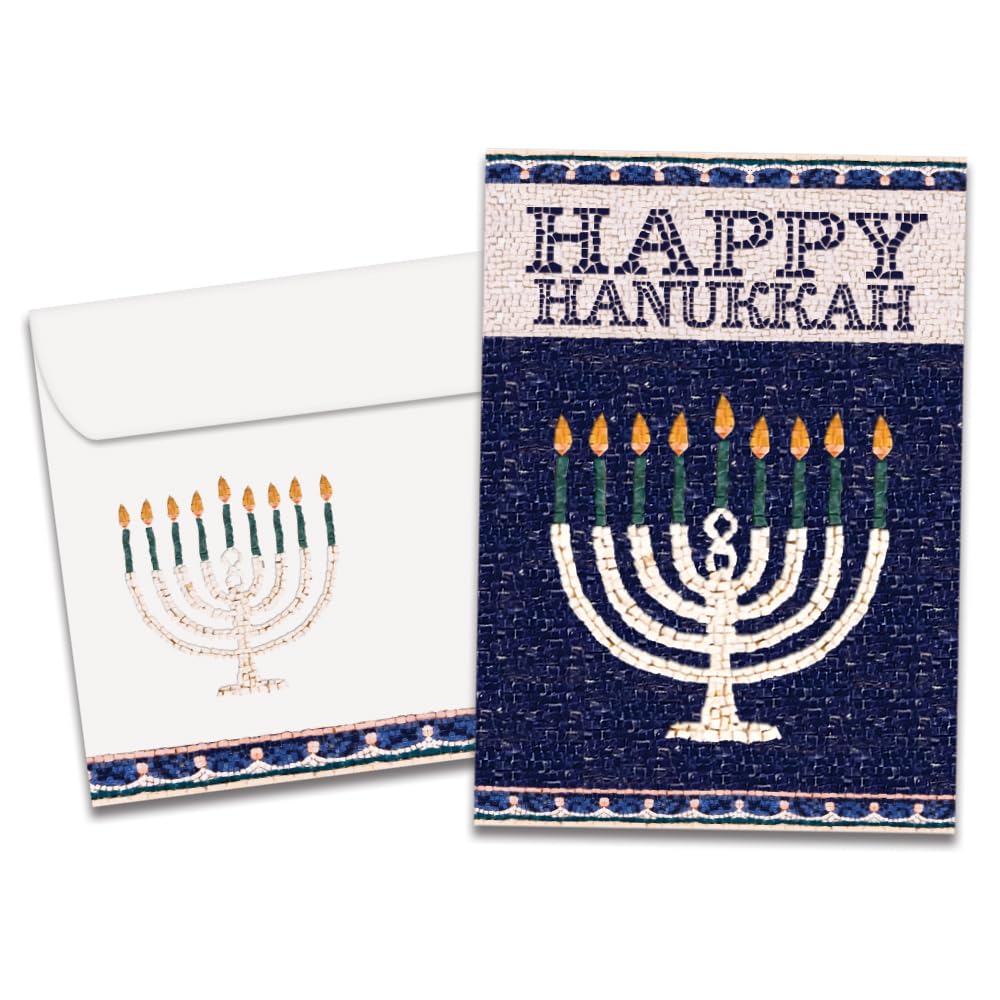 Tree-Free Greetings - Hanukkah Greeting Card - Artful Designs - 10 Cards + Matching Envelopes - Made in USA - 100% Recycled Paper - 5"x7" - Jerusalem Mosaic Menorah (HB53461)